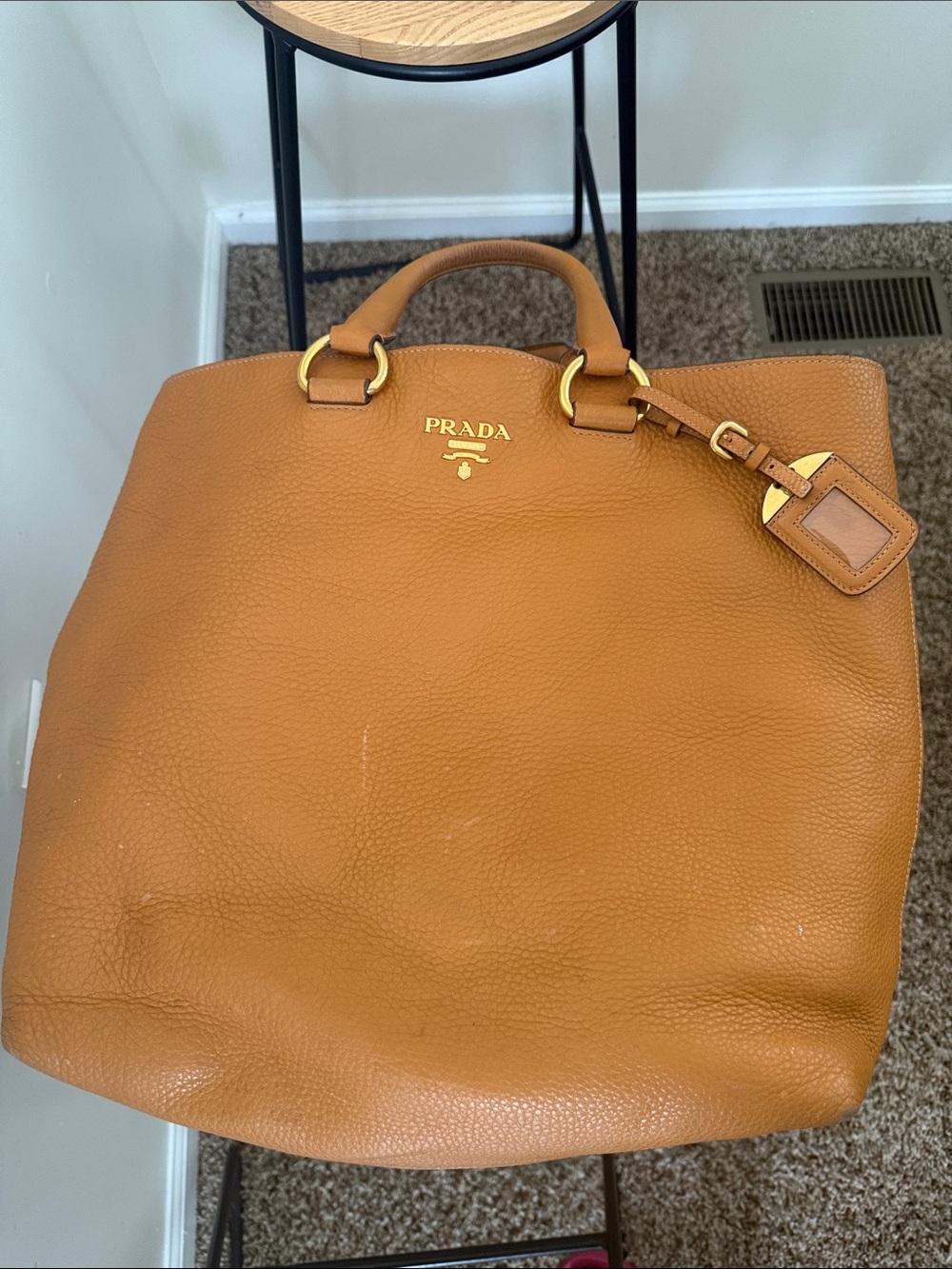 Prada Carmel Pebbled Leather Tote with Black Lined Interior - Picture 9 of 10